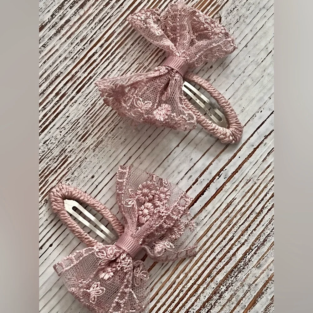 Dusty Rose Lace Bow Hair Clips - Set of 2 - Picture 11 of 12